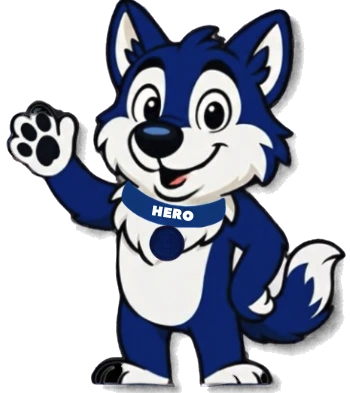 Hero, the blue P37R husky mascot, waving